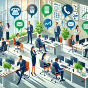 DALL·E 2025-02-03 09.26.45 – An illustration of a modern office with neatly arranged desks, computers, and green plants creating a fresh and productive atmosphere. Several profess